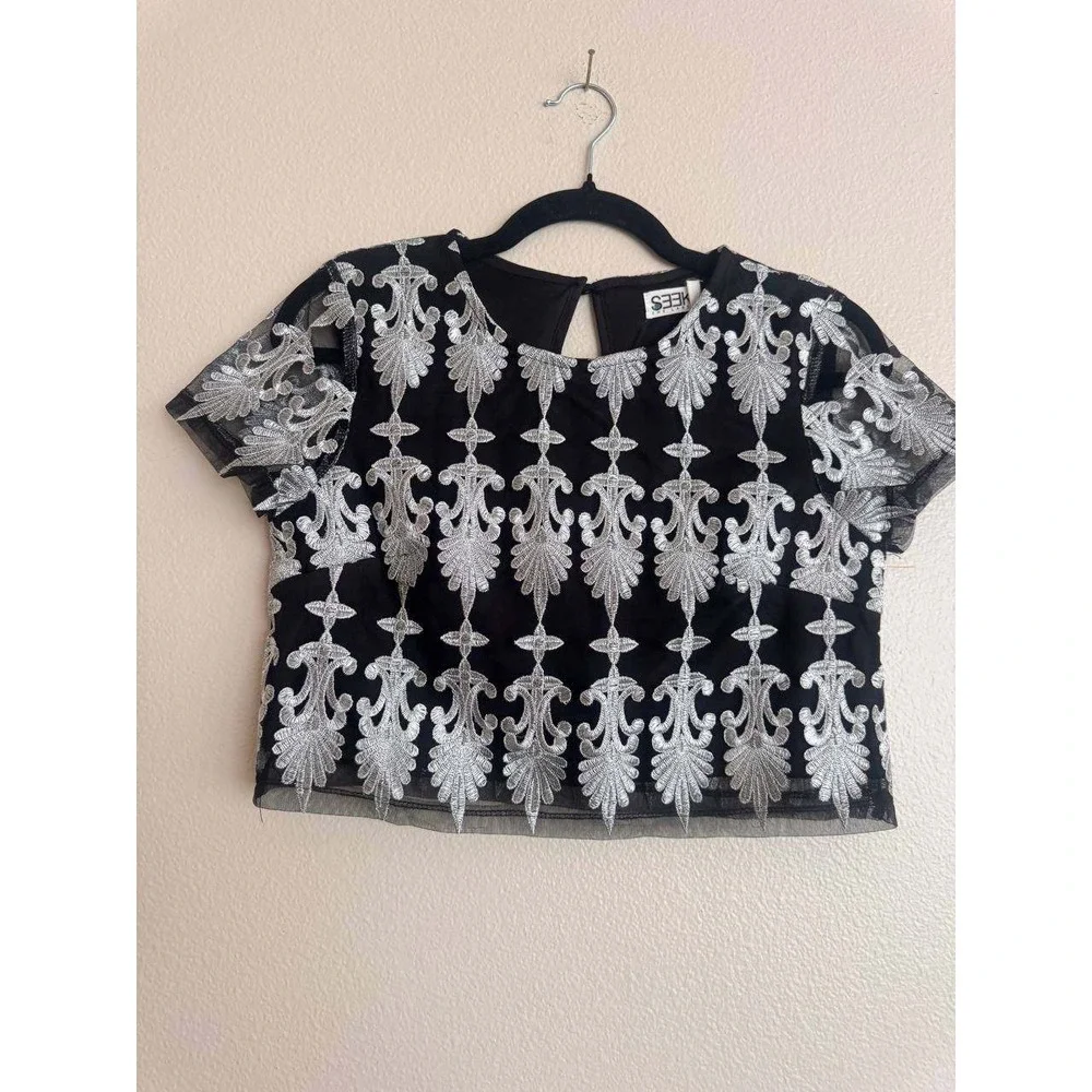SEEK The Label Black Silver Embroidered Mesh Blouse S Coquette Girl Y2K Festival